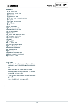 Page 2626
IDM C144600300.fm
WIRING (2)SPEC
WIRING (2)
  1)Gas control wire
  2)Carburettor starter wire
  3)Clutch wire
  4)Starter motor wire
  5)AIS valve hose - exhaust manifold
  6)Plug wire
  7)AIS valve vacuum pipe
  8)Air AIS valve
  9)Coil
10)Coil feeding wire
11)Fuel probe connector
12)Tank cock vacuum pipe
13)Fuel feeding pipe
14)Exhaust pipe
15)Oil tank pipe- rear brake pump
16)Rear brake switch wire
17)Rear pliers oil drive
18)Battery
19)Fuse (10A)
20)CDI control unit
21)Rear right indicator wires...