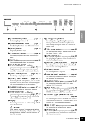 Page 11Panel Controls and Terminals
P-140 Owner’s Manual
ENGLISH
11
1[STANDBY/ON] switch ................ page 12
For turning the power on or off.
2[MASTER VOLUME] slider ........... page 12
For adjusting the volume level of the entire sound. 
3[DEMO] button ............................ page 14
For playing the demo songs. 
4[TRANSPOSE] button................... page 26
For shifting the pitch of the entire keyboard up or 
down.
5[REC] button ................................ page 28
For recording your keyboard...