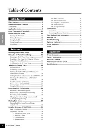 Page 8P-140 Owner’s Manual
ENGLISH
8
Ta ble of Contents
Introduction
Main Features..................................................... 6
About this Owner’s Manual ............................... 7
Accessories ......................................................... 7
Application Index ............................................... 9
Panel Controls and Terminals .......................... 10
Before Using the P-140 .................................... 12
Turning the Power On...