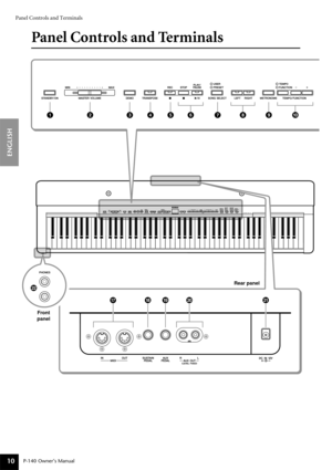 Page 10Panel Controls and Terminals
P-140 Owner’s Manual
ENGLISH
10
Panel Controls and Terminals
123457968)
&*(¡º
™Rear panel
Front 
panel 