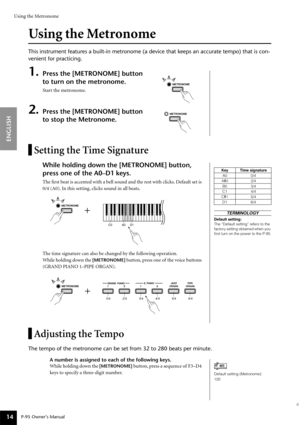 Page 14Using the Metronome
P-95 Owner’s Manual
ENGLISH
14
Using the Metronome
This instrument features a built-in metronome (a device that keeps an accurate tempo) that is con-
venient for practicing.
1.Press the [METRONOME] button 
to turn on the metronome.
Start the metronome.
2.Press the [METRONOME] button 
to stop the Metronome.
Setting the Time Signature
While holding down the [METRONOME] button, 
press one of the A0–D1 keys.
The ﬁrst beat is accented with a bell sound and the rest with clicks. Default set...