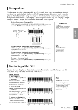 Page 19Selecting & Playing Voices
P-95 Owner’s Manual
ENGLISH
19
Transposition
The Transpose function makes it possible to shift the pitch of the entire key\
board up or down in 
semitone intervals to facilitate playing in difﬁcult key signatures, and to let you\
 easily match the 
pitch of the keyboard to the range of a singer or other instruments. For\
 example, if you set the 
transposition amount to “+5,” playing key C produces pitch F. In this way, you can play a song as 
though it were in C major, and the...