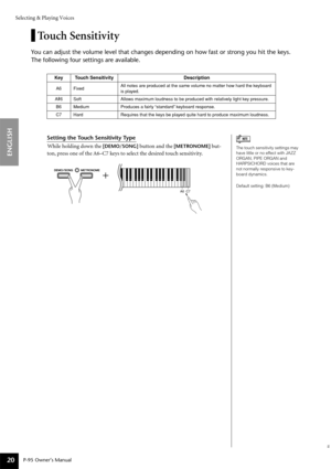 Page 20Selecting & Playing Voices
P-95 Owner’s Manual
ENGLISH
20
Touch Sensitivity
You can adjust the volume level that changes depending on how fast or strong you hit the keys. 
The following four settings are available.
Setting the Touch Sensitivity Type
While holding down the 
[DEMO/SONG] button and the [METRONOME] but-
ton, press one of the A6–C7 keys to select the desired touch sensitivity.
KeyTouch Sensitivity Description
A6 FixedAll notes are produced at the same volume no matter how hard the keyboard...