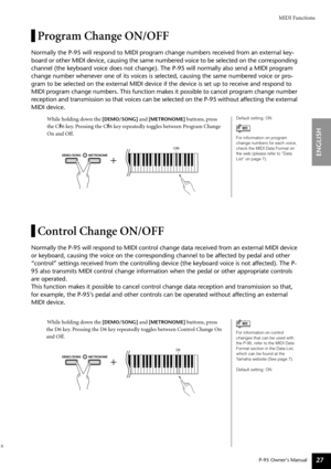 Page 27MIDI Functions
P-95 Owner’s Manual
ENGLISH
27
Program Change ON/OFF
Normally the P-95 will respond to MIDI program change numbers received from an external key-
board or other MIDI device, causing the same numbered voice to be selected on the corresponding 
channel (the keyboard voice does not change). The P-95 will normally also send a MIDI program 
change number whenever one of its voices is selected, causing the same numbered voice or pro-
gram to be selected on the external MIDI device if the device...