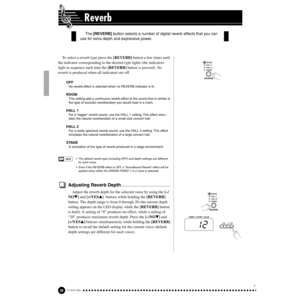 Page 2020P-120/P-120S
Reverb
To select a reverb type press the [REVERB] button a few times until 
the indicator corresponding to the desired type lights (the indicators 
light in sequence each time the [REVERB] button is pressed). No 
reverb is produced when all indicators are off.
OFF
No reverb effect is selected when no REVERB indicator is lit.
ROOM
This setting add a continuous reverb effect to the sound that is similar to 
the type of acoustic reverberation you would hear in a room. 
HALL 1
For a “bigger”...