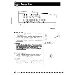 Page 1010P-120/P-120S
Connections
1DC IN 16V Jack
Make sure that the [STANDBY/ON] switch of the P-120/P-120S 
is set to STANDBY.
Connect one end of the AC cable to the PA-300 AC power adap-
tor. Connect the AC adaptor’s DC cable to the DC IN 16V jack. Plug 
the other end of the AC cable into an AC outlet.
After turning the power OFF, simply reverse the procedure to dis-
connect the power.
• Use ONLY a Yamaha PA-300 AC Power Adaptor (or other adaptor 
speciﬁcally recommended by Yamaha) to power your instrument...