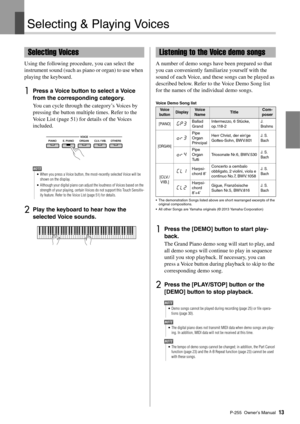 Page 13P-255 Owner’s Manual13
Selecting & Playing Voices
Using the following procedure, you can select the 
instrument sound (such as piano or organ) to use when 
playing the keyboard. 
1Press a Voice button to select a Voice 
from the corresponding category. 
You can cycle through the category’s Voices by 
pressing the button multiple times. Refer to the 
Voice List (page 51) for details of the Voices 
included.
2Play the keyboard to hear how the 
selected Voice sounds. 
A number of demo songs have been...