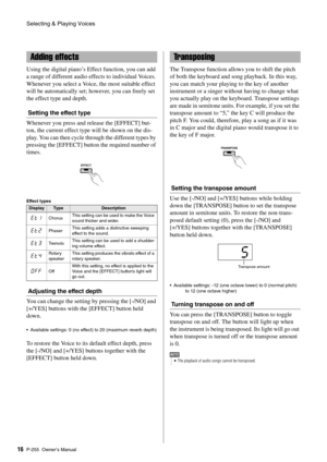 Page 16Selecting & Playing Voices
P-255 Owner’s Manual16 Using the digital piano’s Effect function, you can add 
a range of different audio effects to individual Voices. 
Whenever you select a Voice, the most suitable effect 
will be automatically set; however, you can freely set 
the effect type and depth. 
Setting the effect type
Whenever you press and release the [EFFECT] but-
ton, the current effect type will be shown on the dis-
play. You can then cycle through the different types by 
pressing the [EFFECT]...