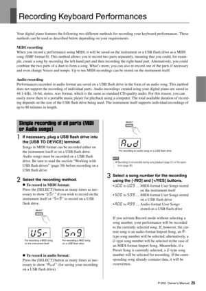 Page 25P-255 Owner’s Manual25
Recording Key board Performances 
Your digital piano features the following two different methods for recording your keyboard performances. These 
methods can be used as described be low depending on your requirements. 
MIDI recording
When you record a performan ce using MIDI, it will be saved on the instrument or a USB flash drive as a MIDI 
song (SMF format 0). This method allo ws you to record two parts separately, meaning that you could, for exam-
ple, create a song by...