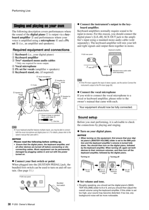 Page 38Performing Live
P-255 Owner’s Man ual38 The following description 
covers performances where 
the sound of the digital piano  
q is output via a key-
board amplifier  
w and performances where your 
voice is amplified using a  microphone 
r and a PA  
set  
t (i.e., an amplifier and speakers). 
Required equipment and connections
qKeyboard  (i.e., your digital piano)
wKeyboard amplifier  
eTwo* standard mono audio cables
* Only one required for mono output. 
rVocal microphone
tPA  s e t  f o r  v o c a l...