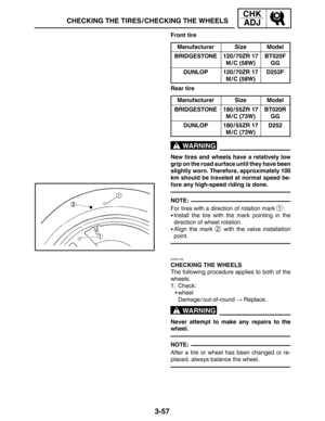 Page 1343-57
CHECKING THE TIRES / CHECKING THE WHEELS
CHK
ADJ
WARNING
NOTE:
WARNING
NOTE: Front tire
Manufacturer
SizeModel
BRIDGESTONE120 / 70ZR 17
M / C (58W)BT020F
GG
DUNLOP120 / 70ZR 17
M / C (58W)D252F
Rear tire
Manufacturer
SizeModel
BRIDGESTONE180 / 55ZR 17
M / C (73W)BT020R
GG
DUNLOP180 / 55ZR 17
M / C (73W)D252
New tires and wheels have a relatively low
grip on the road surface until they have been
slightly worn. Therefore, approximately 100
km should be traveled at normal speed be-
fore any high-speed...
