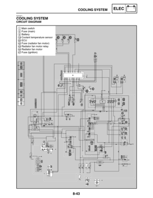 Page 4118-43
1Main switch
6Fuse (main)
9Battery
19Coolant temperature sensor
20ECU
42Fuse (radiator fan motor)
43Radiator fan motor relay
44Radiator fan motor
47Fuse (ignition)
COOLING SYSTEMELEC
EAS00807
COOLING SYSTEM
CIRCUIT DIAGRAM 