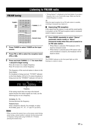 Page 19Listening to FM/AM radio
17 En
BASIC 
OPERATION
1Press TUNER to select TUNER as the input 
source.
2Press FM or AM to select the reception band 
(FM or AM).
3Press and hold TUNING  H / I  for more than 
1 second to begin tuning.
Press  H to tune in to a higher frequency.
Press  I to tune in to a lower frequency.
The frequency of the received  station is shown in the 
front display.
If a broadcast is being re ceived, “TUNED” indicator 
on the front display will be lit. If a stereo broadcast is 
being...