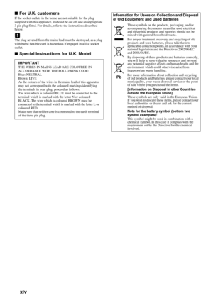 Page 70xiv
■For U.K. customers
If the socket outlets in the hom e are not suitable for the plug 
supplied with this appliance, it shou ld be cut off and an appropriate 
3 pin plug fitted. For details, refe r to the instructions described 
below.
The plug severed from the mains lead  must be destroyed, as a plug 
with bared flexible cord is haza rdous if engaged in a live socket 
outlet.
■ Special Instructions for U.K. Model
IMPORTANTTHE WIRES IN MAINS LEAD ARE COLOURED IN 
ACCORDANCE WITH THE FOLLOWING CODE:...