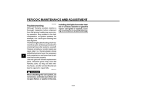 Page 66
6-66
1
2
3
4
5
6
7
8
9
EAU1722A
PERIODIC MAINTENANCE AND ADJUSTMENT
6-29
Troubleshooting
EAU25861
TroubleshootingAlthough Yamaha scooters receive a
thorough inspection before shipment
from the factory, trouble may occur dur-
ing operation. Any problem in the fuel,
compression, or ignition systems, for
example, can cause poor starting and
loss of power.
The following troubleshooting chart rep-
resents a quick and easy procedure for
checking these vital systems yourself.
However, should your scooter...