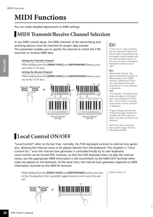 Page 28MIDI Functions
P-85 Owner’s Manual
ENGLISH
28
MIDI Functions
You can make detailed adjustments to MIDI settings.
MIDI Transmit/Receive Channel Selection
In any MIDI control setup, the MIDI channels of the transmitting and 
receiving devices must be matched for proper data transfer. 
This parameter enables you to specify the channel on which the P-85 
transmits or receives MIDI data. 
Setting the Transmit Channel
While holding down the [DEMO/SONG] and [METRONOME] buttons, press 
one of the C1–E2 keys....