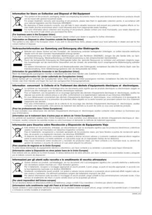 Page 18(weee_eu)
Information for Users on Collection and Disposal of Old Equipment
This symbol on the products, packaging, and/or accompanying documents means that used electrical and electronic products should
not be mixed with general household waste.
For proper treatment, recovery and recycling of old products, please take them to applicable collection points, in accordance with
your national legislation and the Directives 2002/96/EC.
By disposing of these products correctly, you will help to save  valuable...