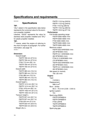 Page 2014
Specifications and requirements
EMU34520
Specifications
TIP:
“(AL)” stated in the specification data below
represents the numerical value for the alumi-
num propeller installed.
Likewise, “(SUS)” represents the value for
stainless steel propeller installed and “(PL)”
for plastic propeller installed.
TIP:
“*” means, select the engine oil referring to
the chart of engine oil paragraph. For further
information, see page 18.
EMU2821J
Dimension:
Overall length: 
F50TR 706 mm (27.8 in)
F60TR 706 mm (27.8...