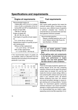 Page 24Specifications and requirements
18
EMU31445
Engine oil requirements
If the recommended engine oil grades are
not available, select an alternative from the
following chart according to the average tem-
peratures in your area.
EMU36360
Fuel requirements
EMU36781
Gasoline
Use a good quality gasoline that meets the
minimum octane rating. If knocking or ping-
ing occurs, use a different brand of gasoline
or premium unleaded fuel. Yamaha re-
comends that you use alcohol-free (see Gas-
ohol) gasoline whenever...