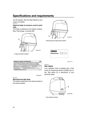 Page 26Specifications and requirements
20
rine SI engines. See the label affixed to your
engine for details.
EMU31560
Approval label of emission control certif-
icate
This label is attached to the bottom cowling.
New Technology; (4-stroke) MFI
EMU25262
Manufactured date label
This label is attached to the clamp bracket or
the swivel bracket.
EMU25273
Star labels
Your outboard motor is labeled with a Cali-
fornia Air Resources Board (CARB) star la-
bel. See below for a description of your
particular label.
1....