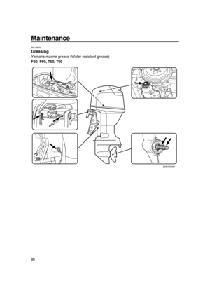 Page 86Maintenance
80
EMU28933
Greasing
Yamaha marine grease (Water resistant grease)
F50, F60, T50, T60
ZMU05087
6C1-9-19.book  80 ページ  ２０１０年２月１７日　水曜日　午後１時３８分 