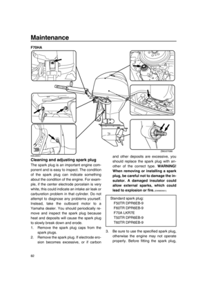 Page 88Maintenance
82
F70HA
EMU28957
Cleaning and adjusting spark plug
The spark plug is an important engine com-
ponent and is easy to inspect. The condition
of the spark plug can indicate something
about the condition of the engine. For exam-
ple, if the center electrode porcelain is very
white, this could indicate an intake air leak or
carburetion problem in that cylinder. Do not
attempt to diagnose any problems yourself.
Instead, take the outboard motor to a
Yamaha dealer. You should periodically re-
move...