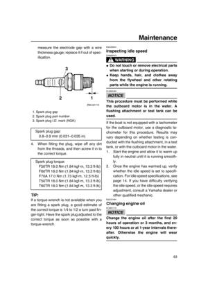 Page 89Maintenance
83
measure the electrode gap with a wire
thickness gauge; replace it if out of spec-
ification.
4. When fitting the plug, wipe off any dirt
from the threads, and then screw it in to
the correct torque.
TIP:
If a torque-wrench is not available when you
are fitting a spark plug, a good estimate of
the correct torque is 1/4 to 1/2 a turn past fin-
ger-tight. Have the spark plug adjusted to the
correct torque as soon as possible with a
torque-wrench.
EMU29044
Inspecting idle speed
WA R N I N G...