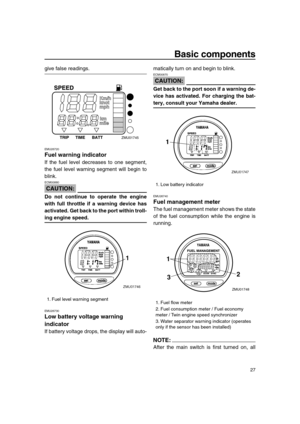 Page 33 
Basic components 
27 
give false readings. 
EMU26720 
Fuel warning indicator 
If the fuel level decreases to one segment,
the fuel level warning segment will begin to
blink.
CAUTION:
 
ECM00880  
Do not continue to operate the engine
with full throttle if a warning device has
activated. Get back to the port within troll- 
ing engine speed. 
EMU26730 
Low battery voltage warning 
indicator 
If battery voltage drops, the display will auto-matically turn on and begin to blink.
CAUTION:
 
ECM00870  
Get...