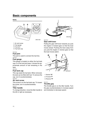 Page 16 
Basic components 
11 
tions. 
EMU25830 
Fuel joint 
This joint is used to connect the fuel line. 
EMU25841 
Fuel gauge 
This gauge is located on either the fuel tank
cap or on the fuel joint base. It shows the ap-
proximate amount of fuel remaining in the
tank. 
EMU25850 
Fuel tank cap 
This cap seals the fuel tank. When removed,
the tank can be filled with fuel. To remove the
cap, turn it counterclockwise. 
EMU25860 
Air vent screw 
This screw is on the fuel tank cap. To loosen
the screw, turn it...