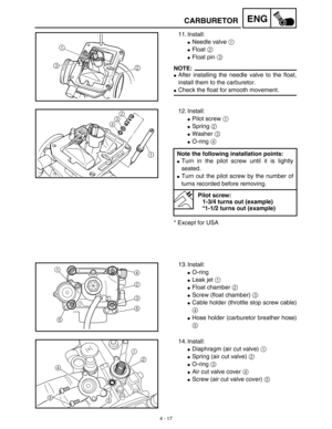 Page 1404 - 17
ENGCARBURETOR
11. Install:
Needle valve 1 
Float 2 
Float pin 3 
NOTE:
After installing the needle valve to the float,
install them to the carburetor.
Check the float for smooth movement.
12. Install:
Pilot screw 1
Spring 2 
Washer 3 
O-ring 4 
* Except for USANote the following installation points:
Turn in the pilot screw until it is lightly
seated.
Turn out the pilot screw by the number of
turns recorded before removing.
Pilot screw:
1-3/4 turns out (example)
*1-1/2 turns out...