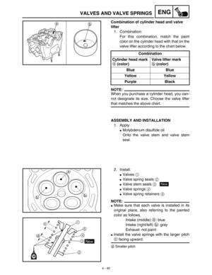 Page 1634 - 40
ENGVALVES AND VALVE SPRINGS
Combination of cylinder head and valve 
lifter
1. Combination:
For this combination, match the paint
color on the cylinder head with that on the
valve lifter according to the chart below.
NOTE:
When you purchase a cylinder head, you can-
not designate its size. Choose the valve lifter
that matches the above chart.Combination
Cylinder head mark 
a (color)Valve lifter mark 
b (color)
Blue Blue
Yellow Yellow
Purple Black
ab
ASSEMBLY AND INSTALLATION
1. Apply:
Molybdenum...