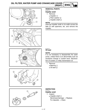 Page 1804 - 57
ENG
OIL FILTER, WATER PUMP AND CRANKCASE COVER
(RIGHT)
REMOVAL POINTS
EC4G3110
Impeller shaft
1. Remove:
Impeller 1 
Plain washer 2 
Impeller shaft 3 
NOTE:
Hold the impeller shaft on its width across the
flats a with spanners, etc. and remove the
impeller.
EC4G3210
Oil seal
NOTE:
It is not necessary to disassemble the water
pump, unless there is an abnormality such as
excessive change in coolant level, discolora-
tion of coolant, or milky transmission oil.
1. Remove:
Bearing 1 
Oil seal 2...