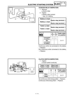 Page 3036 - 10
–+ELECELECTRIC STARTING SYSTEM
STARTER RELAY INSPECTION
1. Remove:
Starter relay
2. Inspect:
Starter relay conduct
Use 12 V battery.
Continuous while not connected to the battery
→ Replace.
Not continuous while connected to the battery
→ Replace.Battery (+) lead → 
Starter relay terminal 1
Battery (–) lead → 
Starter relay terminal 2
Tester (+) lead → 
Starter relay terminal 3
Tester (–) lead → 
Starter relay terminal 4
Ter-
minal
3
Ter-
minal
4Tester selec-
tor position
Connected 
to battery
Ω...