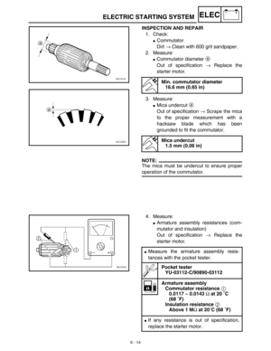 Page 3076 - 14
–+ELECELECTRIC STARTING SYSTEM
INSPECTION AND REPAIR
1. Check: 
Commutator 
Dirt → Clean with 600 grit sandpaper.
2. Measure: 
Commutator diameter a 
Out of specification → Replace the
starter motor.
3. Measure: 
Mica undercut a 
Out of specification → Scrape the mica
to the proper measurement with a
hacksaw blade which has been
grounded to fit the commutator.
NOTE:
The mica must be undercut to ensure proper
operation of the commutator. 
Min. commutator diameter 
16.6 mm (0.65 in)
Mica undercut...