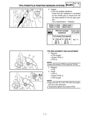 Page 3146 - 21
–+ELECTPS (THROTTLE POSITION SENSOR) SYSTEM
3. Inspect:
TPS coil variable resistance
Check that the resistance in increased
as the throttle grip is moved from the
full close position to the full open posi-
tion.
Out of specification → Replace.
Tester (+) lead → Yellow lead 1 
Tester (–) lead → Black lead 2 
TPS coil variable 
resistanceTester selec-
tor position
Full closed Full opened
kΩ × 1 0 ~ 2 kΩ at 
20 ˚C 
(68 ˚F)4 ~ 6 kΩ at 
20 ˚C 
(68 ˚F)
TPS REPLACEMENT AND ADJUSTMENT
1. Remove:
TPS...