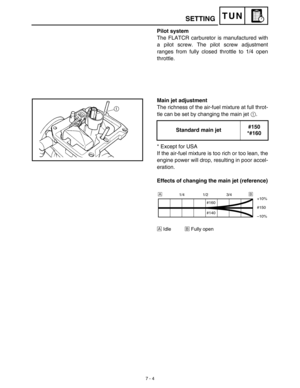 Page 322 
7 - 4
TUN
 
SETTING 
Pilot system 
The FLATCR carburetor is manufactured with
a pilot screw. The pilot screw adjustment
ranges from fully closed throttle to 1/4 open
throttle. 
Main jet adjustment 
The richness of the air-fuel mixture at full throt-
tle can be set by changing the main jet  
1  
.
* Except for USA
If the air-fuel mixture is too rich or too lean, the
engine power will drop, resulting in poor accel-
eration. 
Effects of changing the main jet (reference) 
Å 
Idle 
ı  
Fully open 
Standard...