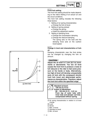 Page 3307 - 12
TUNSETTING
EC722011
Front fork setting
The front fork setting should be made depend-
ing on the rider’s feeling of an actual run and
the circuit conditions.
The front fork setting includes the following
three factors:
1. Setting of air spring characteristics
Change the fork oil level.
2. Setting of spring preload
Change the spring.
Install the adjustment washer.
3. Setting of damping force
Change the compression damping.
Change the rebound damping.
The spring acts on the load and the
damping...