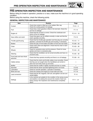 Page 693 - 4
INSP
ADJ
PRE-OPERATION INSPECTION AND MAINTENANCE
EC320000
PRE-OPERATION INSPECTION AND MAINTENANCE
Before riding for break-in operation, practice or a race, make sure the machine is in good operating
condition.
Before using this machine, check the following points.
GENERAL INSPECTION AND MAINTENANCE 
Item Routine Page
CoolantCheck that coolant is filled up to the radiator filler cap.
Check the cooling system for leakage.P.3-5 ~ 9
FuelCheck that a fresh gasoline is filled in the fuel tank. Check...