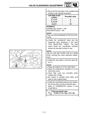 Page 87 
3 - 22
INSP
ADJ
 
 
Round off the last digit of the installed pad
number to the nearest increment.  
Last digit of pad 
numberRounded value
0, 1 or 2 0
4, 5 or 6 5
8 or 9 10
EXAMPLE:  
Installed pad number = 148
Rounded off value = 150
NOTE:
 
Pads can only be selected in 0.05 mm incre- 
ments. 
 
Locate the rounded-off value and the
measured valve clearance in the chart
“PAD SELECTION TABLE”. The field
where these two coordinates intersect
shows the new pad number to use.
NOTE:
 
Use the new pad...