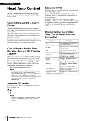 Page 16Head Amp Control Owner’s Manual
16
Head Amp Control
The Ri8-D head amplifiers can be remotely controlled 
from a host device, such as a compatible Yamaha digital 
mixing console. 
Control from an Ri8-D-native 
Device
The Ri8-D head amplifiers can be controlled remotely 
from an Ri8-D-native digital mixing console, such as a CL 
series product.
The connected Ri8-D-native device displays the model 
name and UNIT ID number of the corresponding Ri8-D 
unit to be controlled.
If you plan to connect a device...