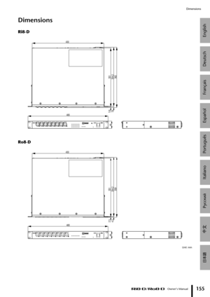 Page 23English
Deutsch
Français
Español
Português
Italiano
Русский
[
ÔŠ 
Dimensions
 Owner’s Manual
155
Dimensions
Ri8-D
Ro8-D
Unit: mm
480
44
430
351354.2362
7. 85.8
480
430
351354.2359
2.34.3
44 