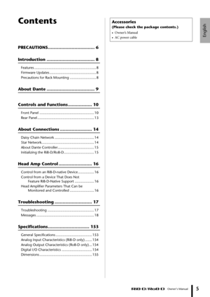 Page 5English
 Owner’s Manual5
Contents
PRECAUTIONS................................... 6
Introduction .................................... 8
Features ............................................................. 8
Firmware Updates .............................................. 8
Precautions for Rack Mounting .......................... 8
About Dante .................................... 9
Controls and Functions .................. 10
Front Panel ...................................................... 10
Rear Panel...