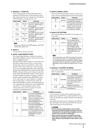 Page 11Controls and Connectors
MTX5-D Owner’s Manual11
Switches 1–2 (UNIT ID)
These switches specify the upper digit and the above-
mentioned [UNIT ID] rotary switch specifies the lower 
digit, together allowing you to specify one of 63 different 
UNIT ID numbers in a range from 01 to 3F.

Switch 3
Not used. Turn it off (up) at any time.

Switch 4 (SECONDARY PORT)
This switch setting determines whether the rear-panel 
Dante [SECONDARY] connector  will be used for a daisy 
chain or redundant network.
With the...