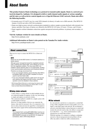 Page 15MTX5-D Owner’s Manual15
About Dante
This product features Dante technology as a protocol to transmit audio signals. Dante is a network pro-
tocol developed by Audinate. It is designed to de liver multi-channel audio signals at various sampling 
and bit rates, as well as device control signals over a Giga-bit Ethernet (GbE) network. Dante also offers 
the following benefits:
• It transmits up to 512 in/512 out, for a total 1024 channe ls (in theory) of audio over a GbE network. (The MTX5-D 
features 16...