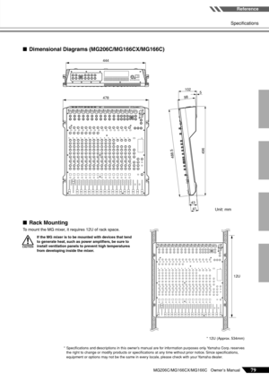 Page 25
Reference
Specifications
MG206C/MG166CX/MG166C   Owner’s Manual79
■ Dimensional Diagrams (MG206C/MG166CX/MG166C)
■ Rack Mounting
To mount the MG mixer, it requires 12U of rack space.
If the MG mixer is to be mounted with devices that tend 
to generate heat, such as power ampliﬁers, be sure to 
install ventilation panels to prevent high temperatures 
from developing inside the mixer.
*Speciﬁcations and descriptions in this owner’s manual are for information purposes only. Yamaha Corp. reserves 
the right...