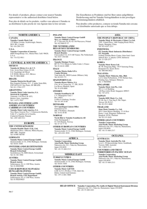 Page 28
CANADAYamaha Canada Music Ltd.
135 Milner Avenue, Scarborough, Ontario,
M1S 3R1, Canada
T el: 416-298-1311
U .S.A.Yamaha Corporation of America 
6600 Orangethorpe Ave., Buena Park, Calif. 90620, 
U.S.A.
T el: 714-522-9011
MEXICOY amaha de México S.A. de C.V.
Calz. Javier Rojo Gómez #1149,
Col. Guadalupe del Moral
C.P. 09300, México, D.F., México
T el: 55-5804-0600 
BRAZILY amaha Musical do Brasil Ltda.
Rua Joaquim Floriano, 913 - 4 andar, Itaim Bibi, 
CEP 04534-013 Sao Paulo, SP. BRAZIL
T el:...