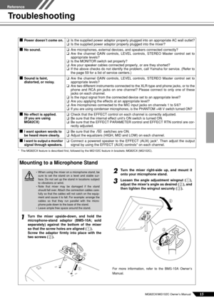 Page 15MG82CX/MG102C Owner’s Manual15
Reference
Troubleshooting
* The MG82CX feature is described ﬁrst, followed by the MG102C feature in brackets: MG82CX (MG102C).
■Power doesn’t come on.❑Is the supplied power adaptor properly plugged into an appropriate AC wall outlet?
❑Is the supplied power adaptor properly plugged into the mixer?
■No sound.❑Are microphones, external devices, and speakers connected correctly?
❑Are the channel GAIN controls, LEVEL controls, STEREO Master control set to
appropriate levels?
❑Is...