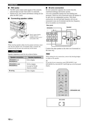 Page 1410 En
CONNECTIONS
■REC jacks
• The REC jacks output audio signals of the currently 
selected input (except when LINE 3 is selected).
• Volume level, tone control and balance settings do not  affect the REC jacks.
■ Connecting speaker cables
When inserting speaker cables into the speaker terminals, insert 
only the bare speaker wire. If insulated cable is inserted, the 
connection may be poor and sound may not be heard.
Speaker impedance must be set as shown below.
■Bi-wire connection
Bi-wire connection...