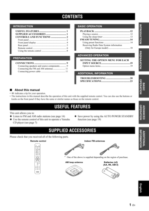 Page 51 En
PREPARATION
INTRODUCTION
BASIC 
OPERATION
ADDITIONAL 
INFORMATION
ADVANCED 
OPERATION
English
USEFUL FEATURES ............................................ 1
SUPPLIED ACCESSORIES ................................. 1
CONTROLS AND FUNCTIONS ......................... 2
Front panel ................................................................. 2
Front panel display .................................................... 4
Rear panel .................................................................. 5...