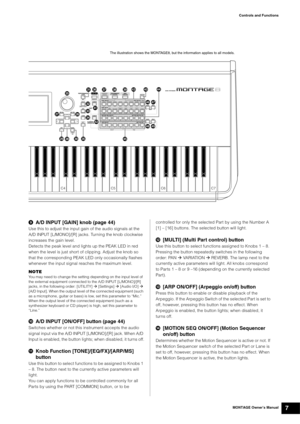 Page 17MONTAGE Owner’s Manual7
Controls and Functions
A/D INPUT [GAIN] knob (page 44)
Use this to adjust the input gain of the audio signals at the 
A/D INPUT [L/MONO]/[R] jacks. Turning the knob clockwise 
increases the gain level.
Detects the peak level and lights up the PEAK LED in red 
when the level is just short of clipping. Adjust the knob so 
that the corresponding PEAK LED only occasionally flashes 
whenever the input signal reaches the maximum level.
NOTE
You may need to change the setting depending...